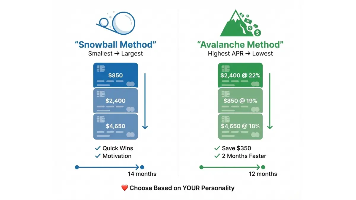 Side by side comparison of snowball and avalanche debt payoff strategies