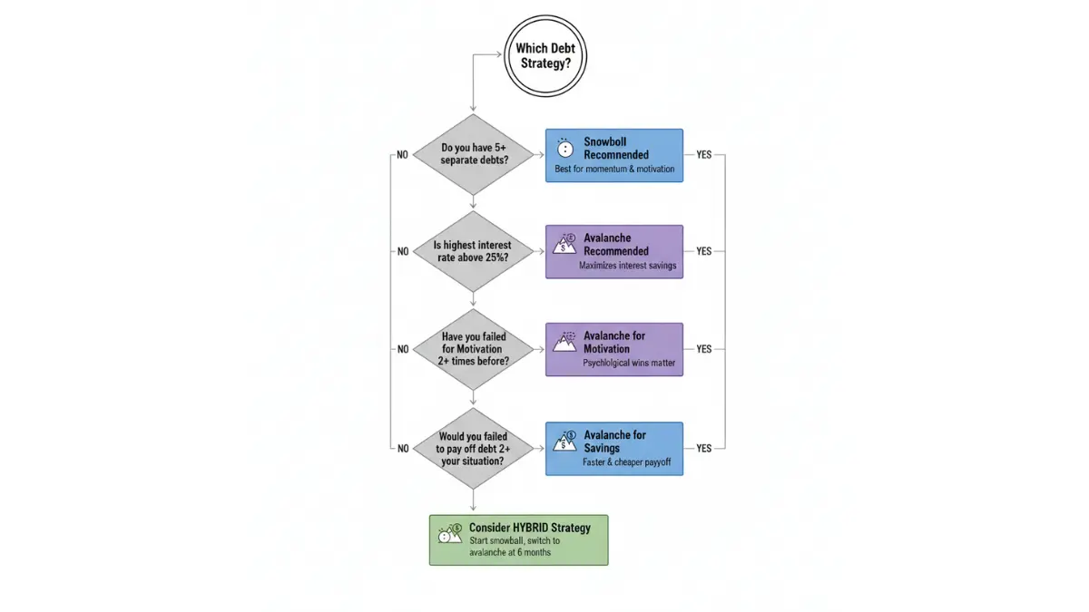 Snowball vs Avalanche decision tree flowchart helping users choose the best debt payoff strategy based on interest rates and behavior