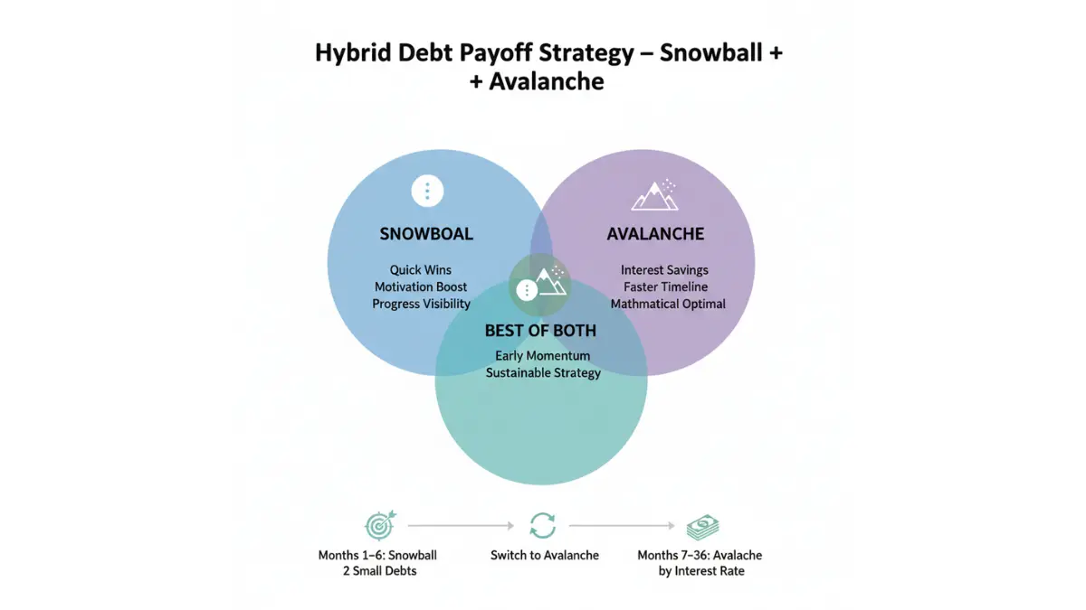 Snowball vs Avalanche hybrid strategy Venn diagram showing how combining both methods delivers motivation and maximum interest savings