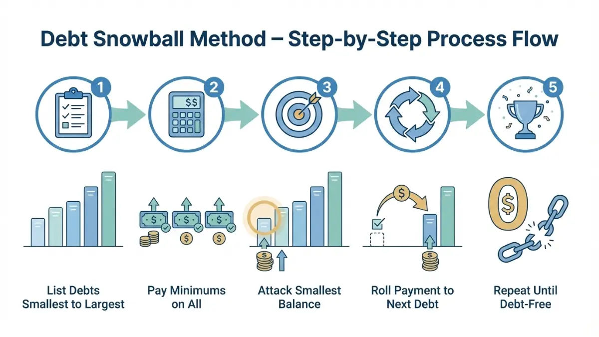 Snowball vs Avalanche step-by-step debt snowball method infographic showing five stages from listing debts to becoming debt-free