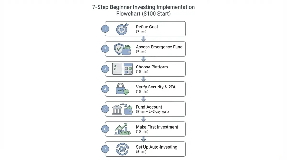 Start Investing step-by-step flowchart showing the complete beginner investment journey