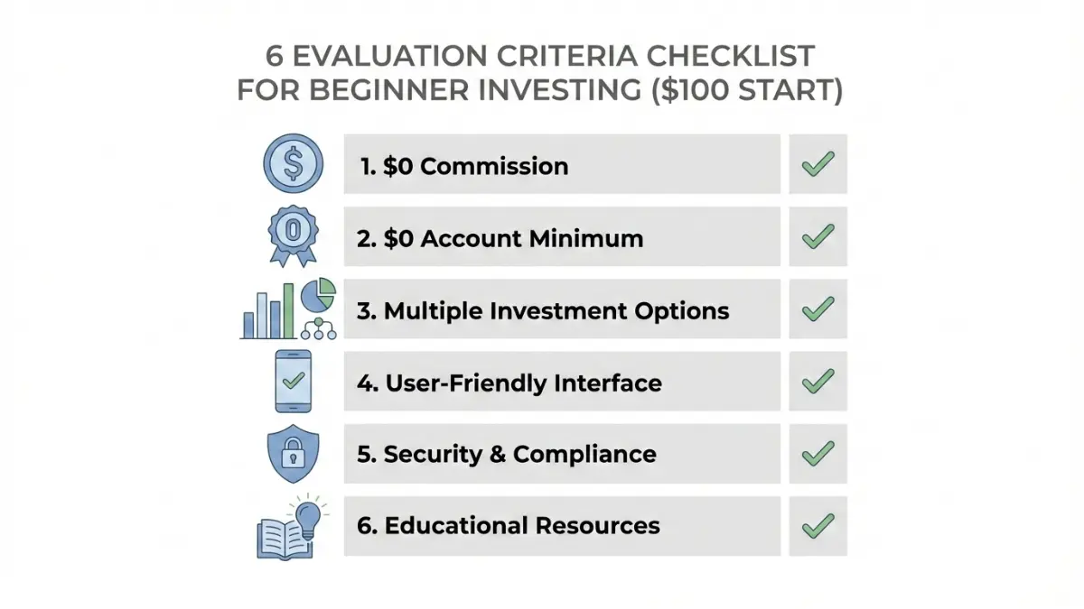 Start Investing checklist showing six evaluation criteria for beginner investment platforms
