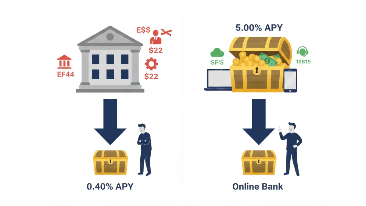 APY cost structure comparison showing why traditional banks with high overhead offer lower APY than online banks with minimal costs