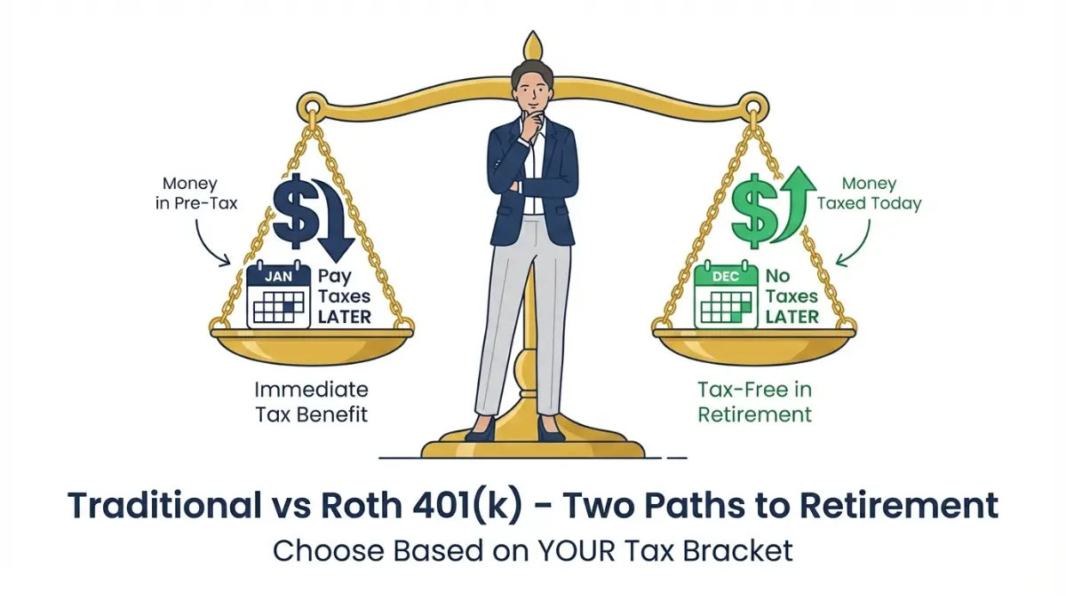 401(k) comparison showing Traditional vs Roth 401(k) tax benefits using a balance scale