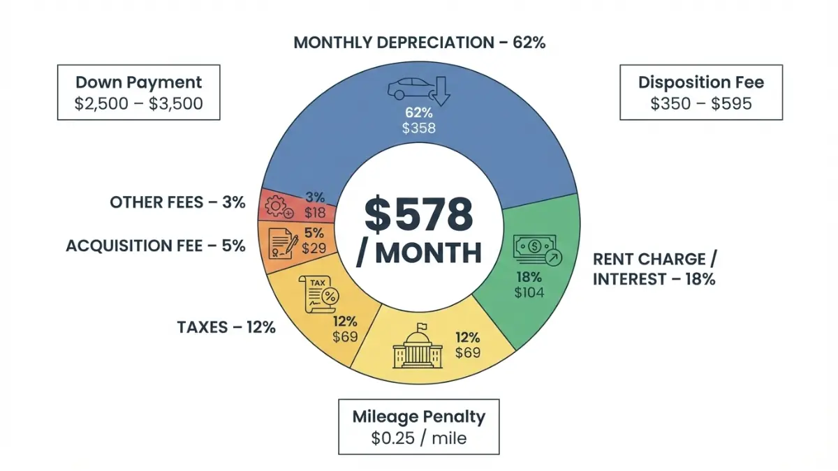 Leasing monthly payment breakdown showing depreciation, interest, taxes, and fees