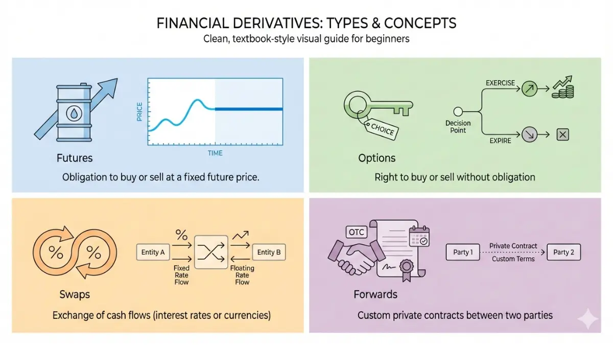 Derivatives comparison chart showing futures, options, swaps, and forwards explained with icons on white background