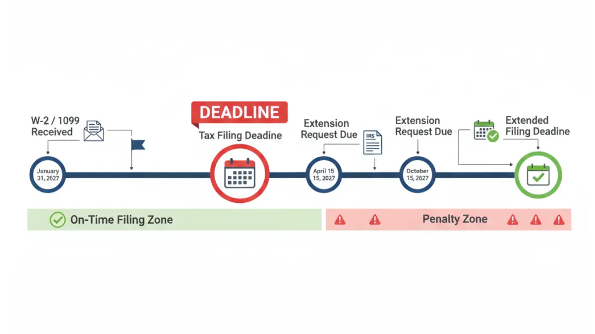 1040 Tax Form filing deadline timeline showing April 15 and extension dates in 2027