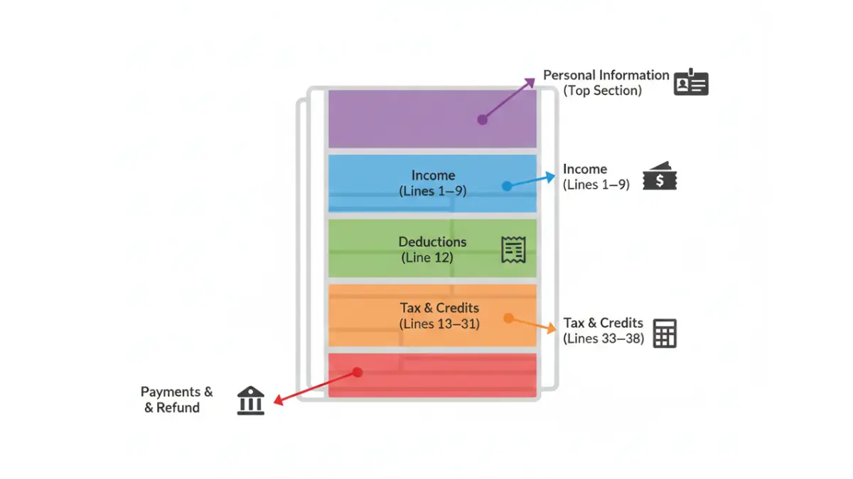 1040 Tax Form annotated diagram highlighting personal info, income, deductions, credits, and refunds