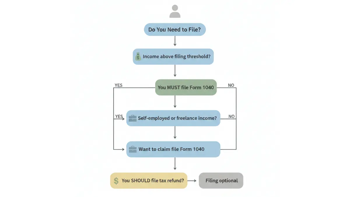 1040 Tax Form filing eligibility decision tree showing who must, should, or may optionally file