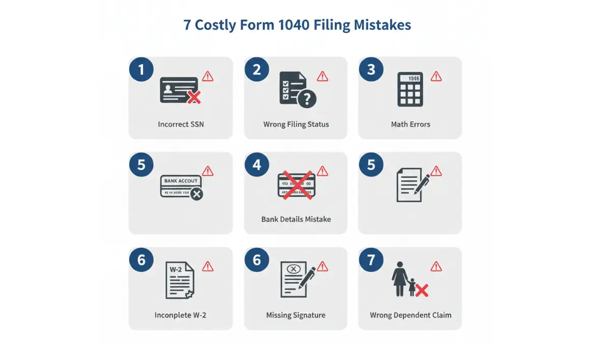 1040 Tax Form common filing mistakes infographic showing seven errors taxpayers should avoid