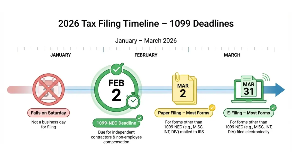 1099 Form 2026 filing deadline timeline highlighting February 2 submission date
