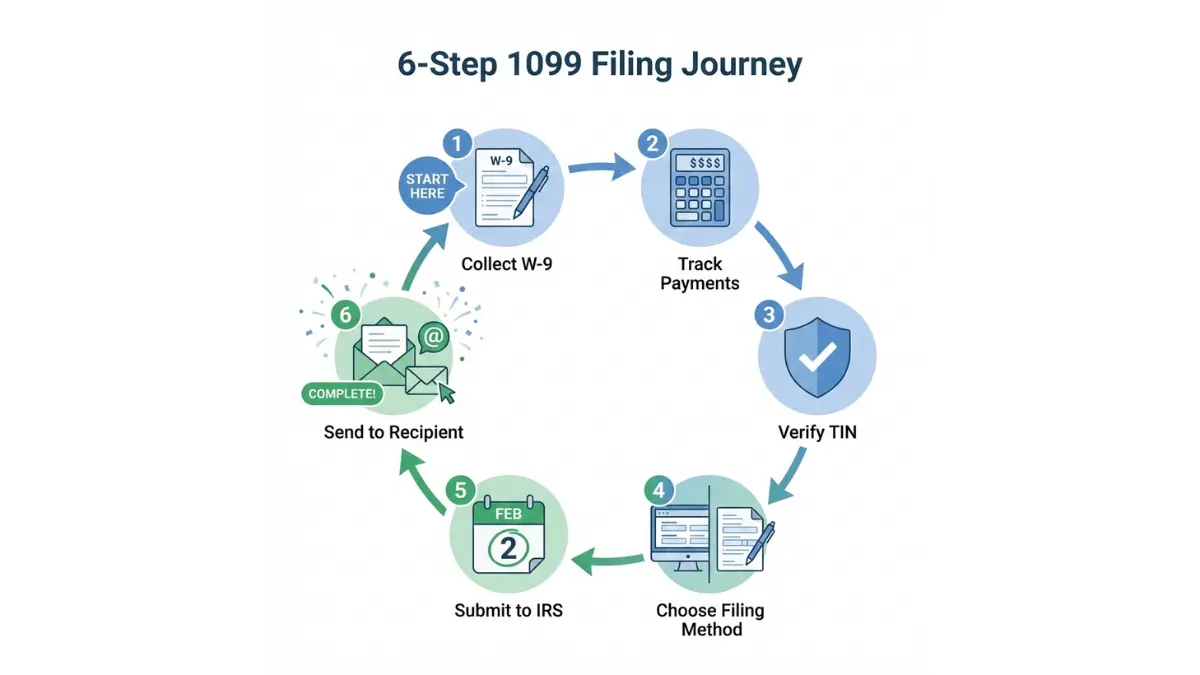1099 Form filing process illustrated in six easy steps from W-9 to delivery