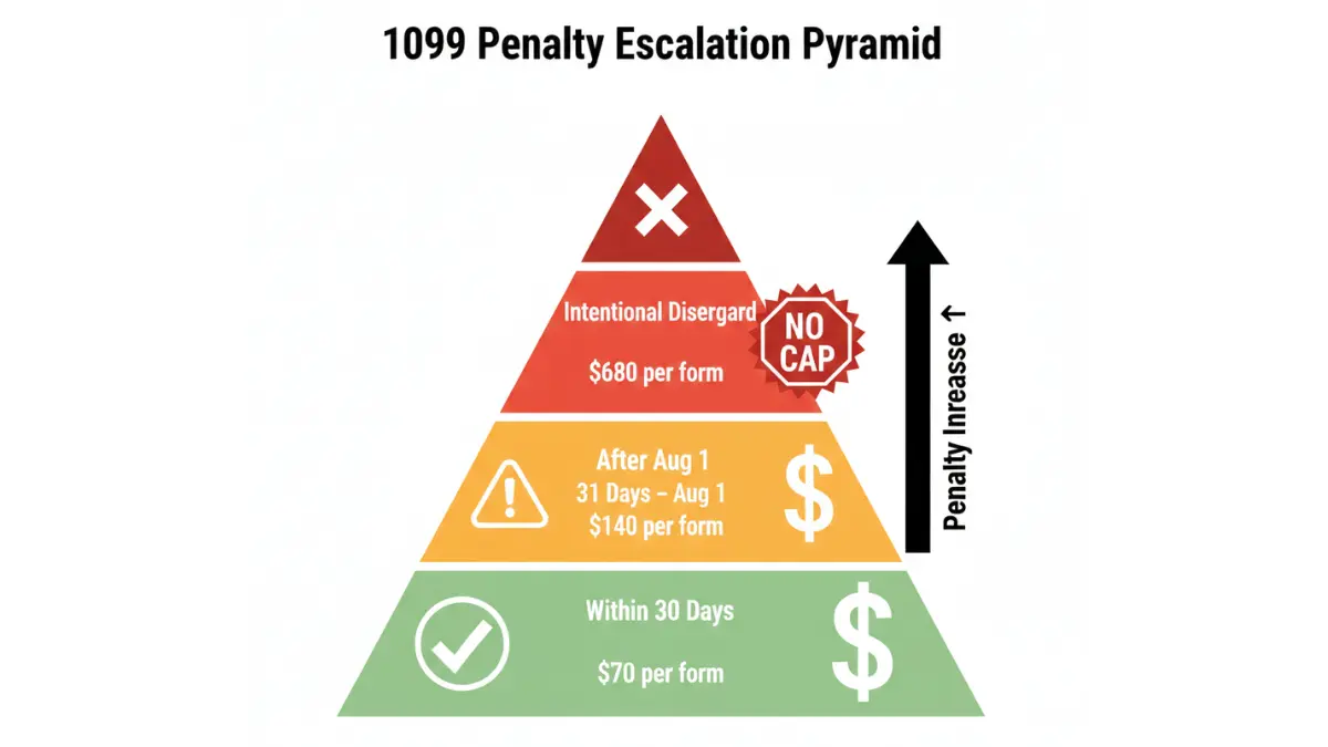 1099 Form penalty escalation chart showing fines up to $680 per form