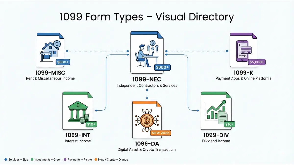 1099 Form types visual directory showing NEC, MISC, K, INT, DIV and DA categories