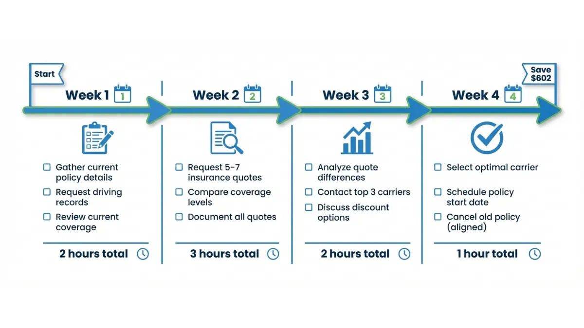Car Insurance 30-day optimization timeline showing weekly steps to compare policies and save $602 annually