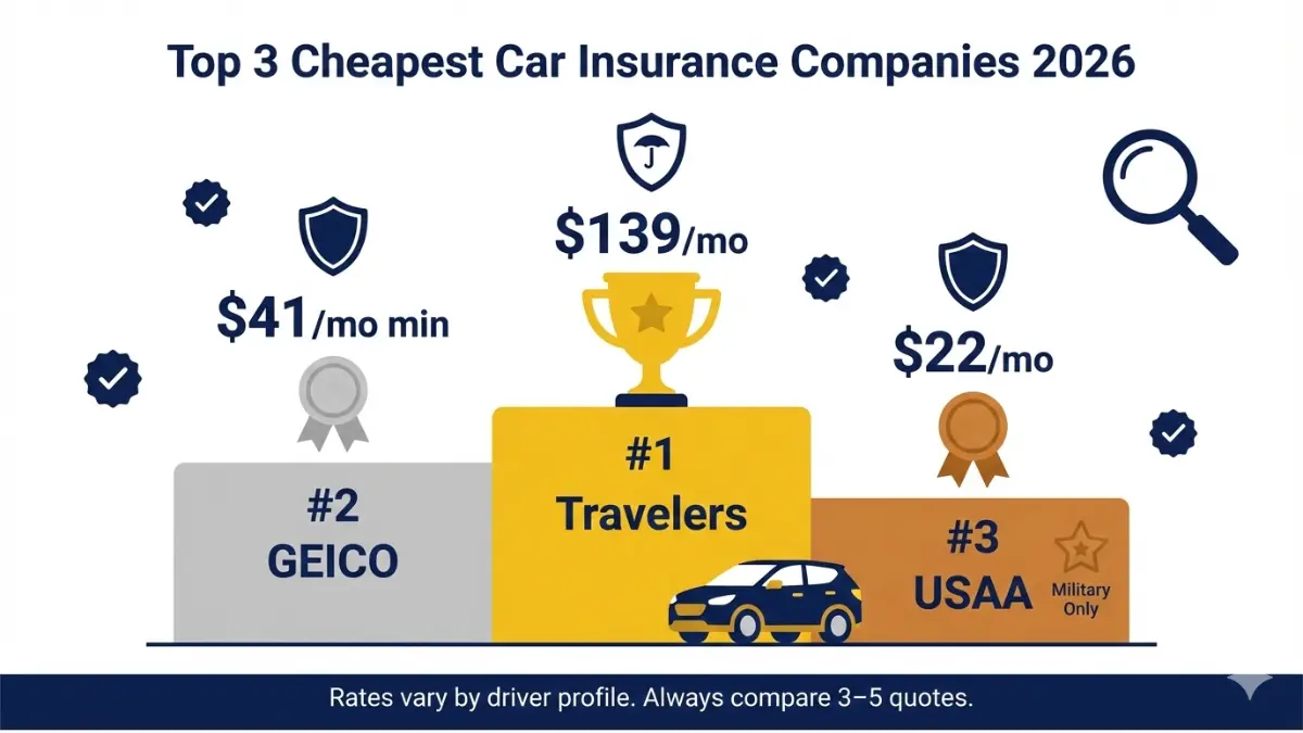 Affordable car insurance cheapest companies ranking Travelers GEICO USAA illustration
