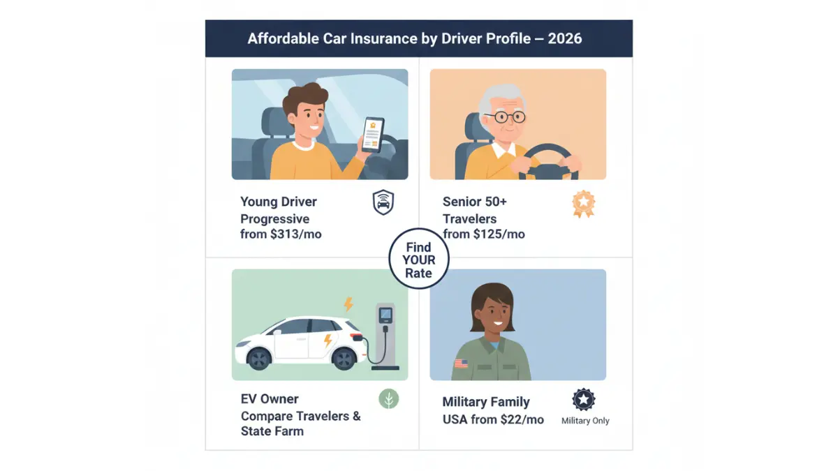 Affordable car insurance rates by driver profile young senior EV military illustration