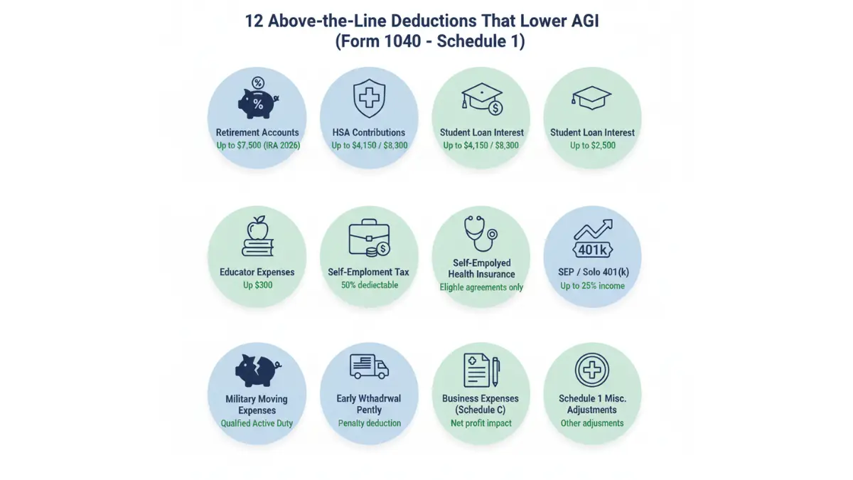 AGI above-the-line deduction categories visual grid showing 12 Schedule 1 adjustments for 2026