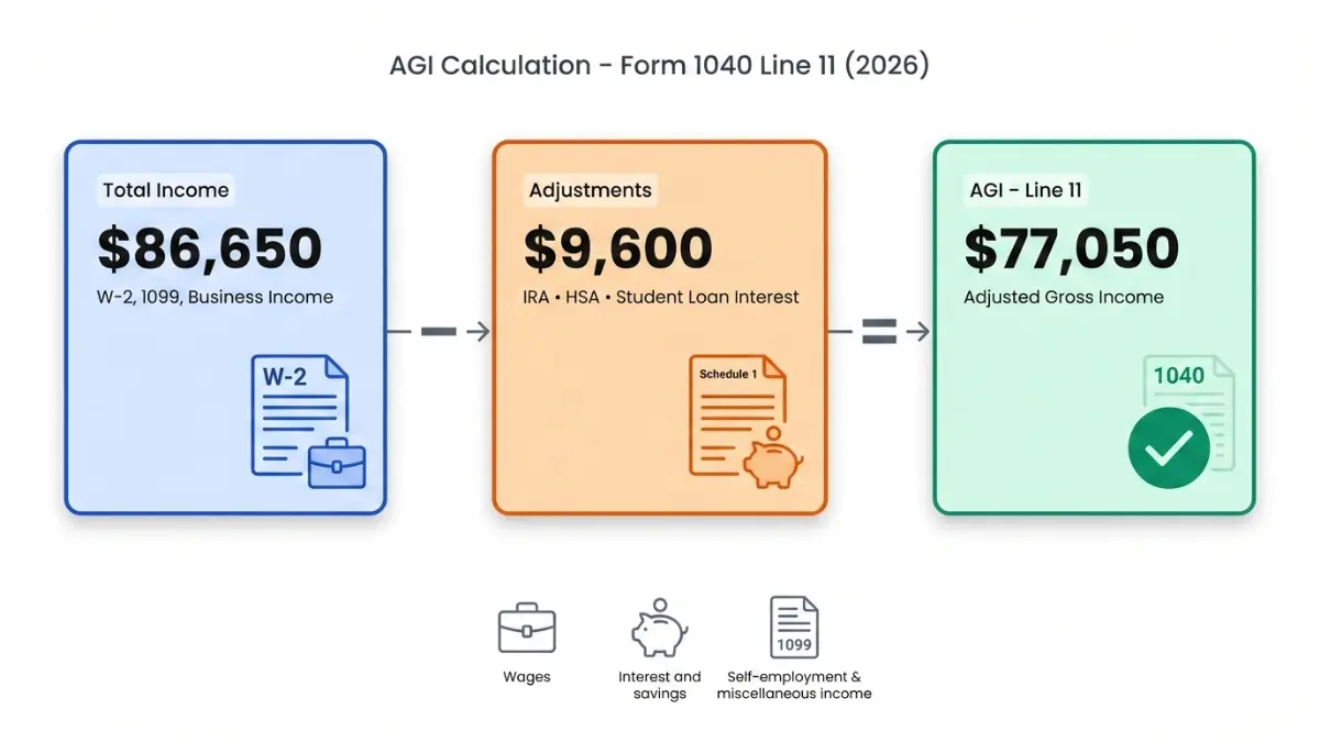 AGI calculation flowchart showing Total Income minus Adjustments equals AGI Line 11 on Form 1040 for 2026