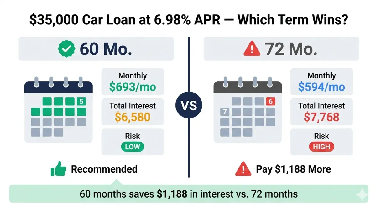 Auto Loan Calculator comparison of 60 month vs 72 month car loan payments and total interest