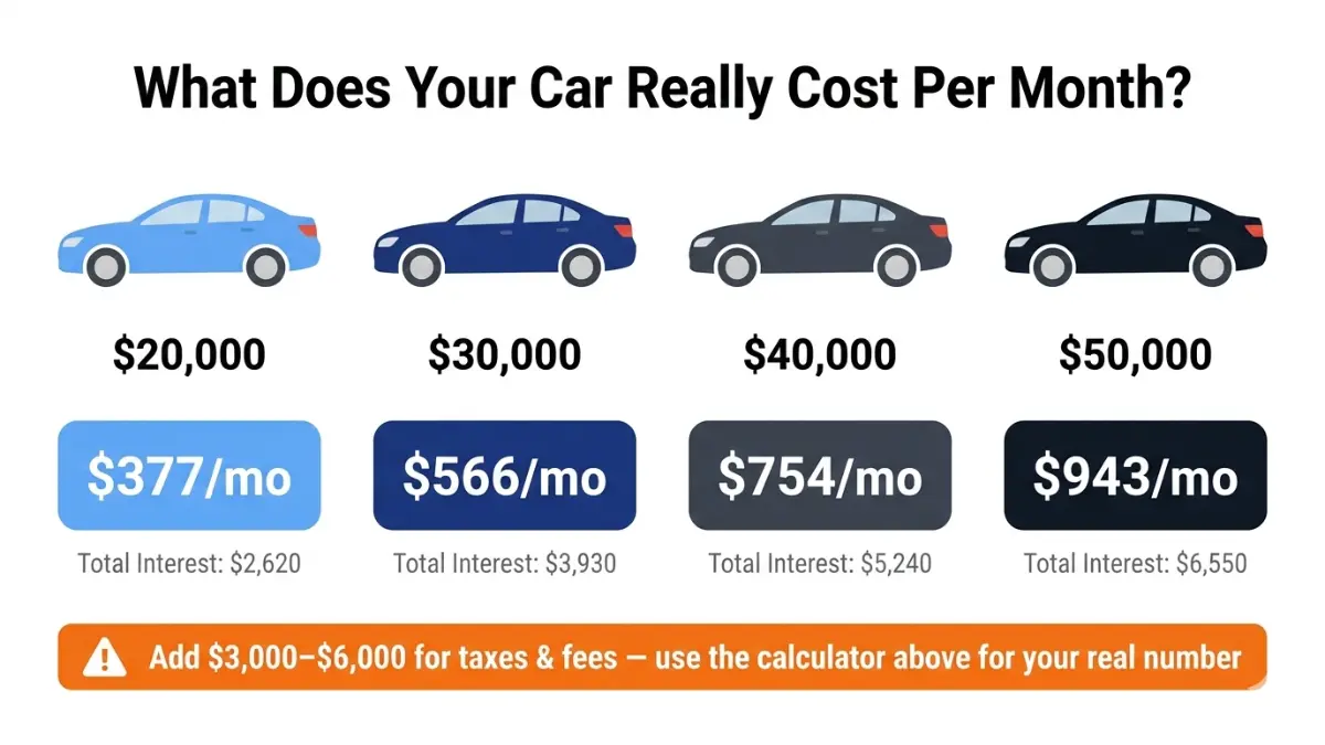 Auto Loan Calculator comparison of monthly payments for $20K $30K $40K and $50K car loans