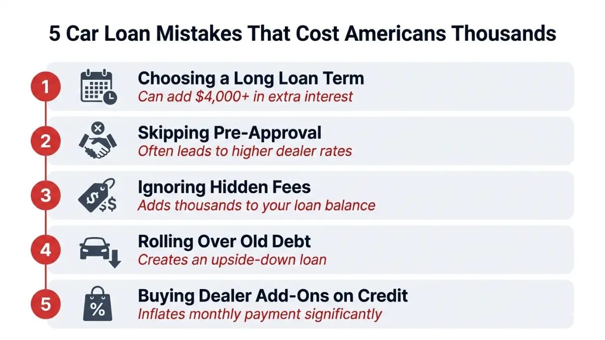 Auto Loan Calculator infographic showing five car loan mistakes that increase total interest costs