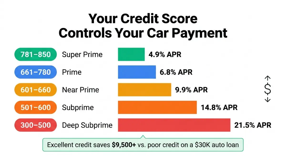 Auto Loan Calculator chart showing how credit score tiers affect APR and monthly car payment