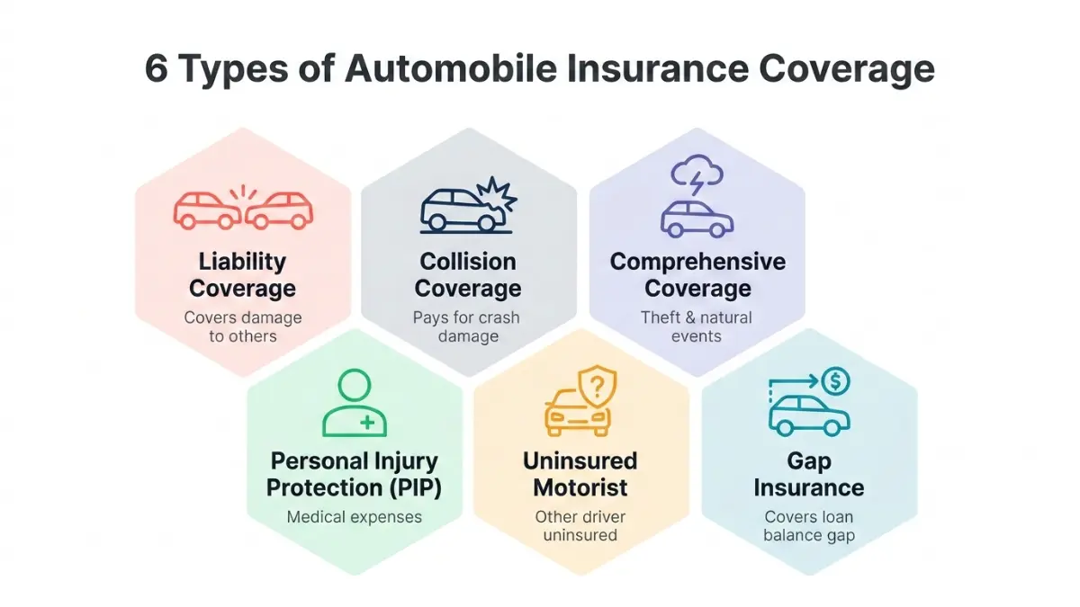 Automobile Insurance coverage types including liability collision comprehensive PIP uninsured motorist and gap insurance