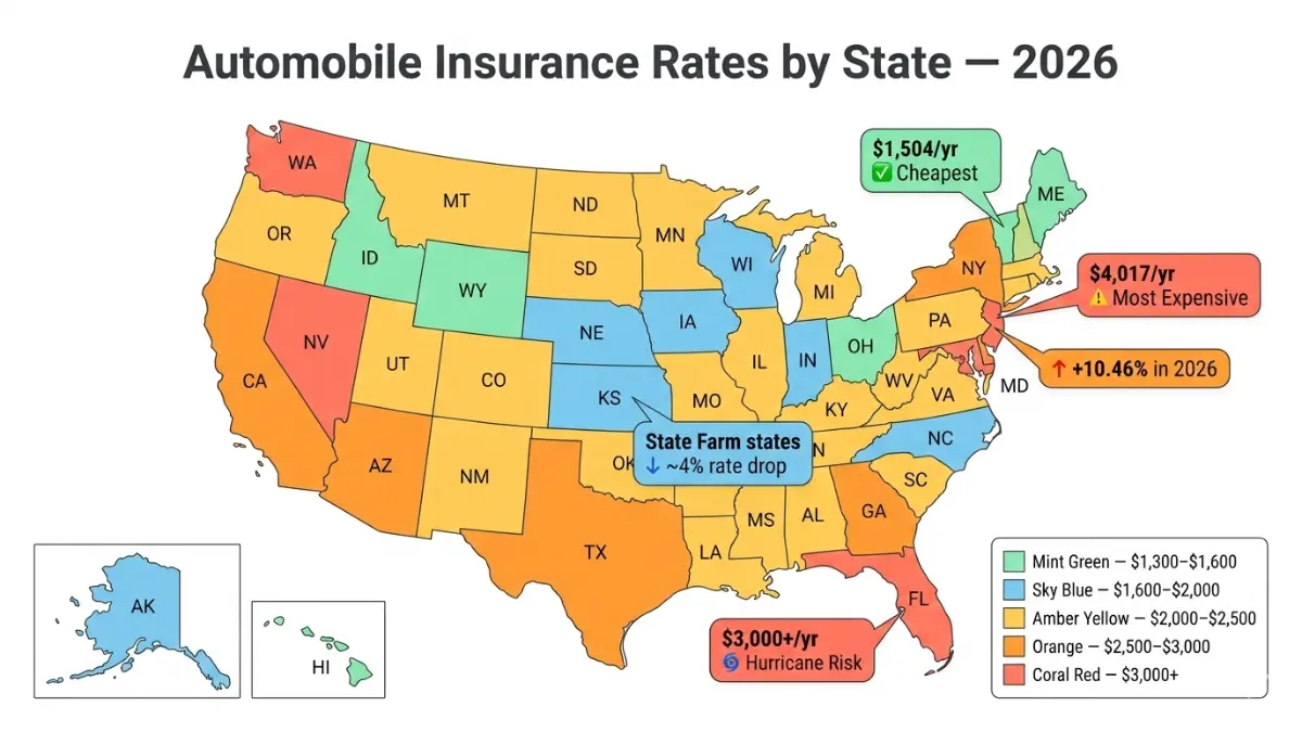 Automobile Insurance rates by state in 2026 showing cheapest and most expensive states