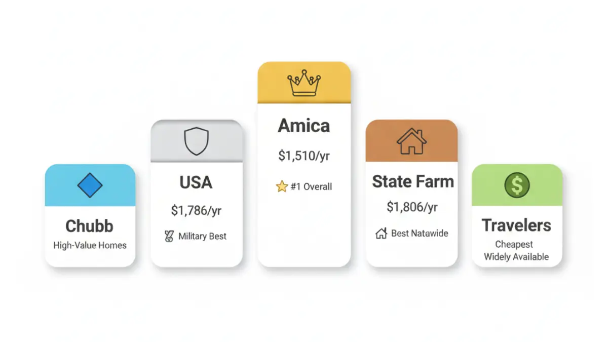 Best Homeowners Insurance companies ranking showing Amica USAA State Farm Chubb and Travelers by annual homeowners insurance cost