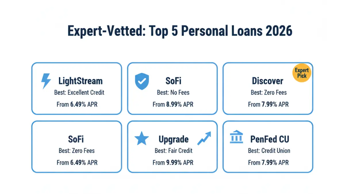 Personal Loan top lenders comparison 2026 showing LightStream SoFi Discover Upgrade and PenFed APR starting rates