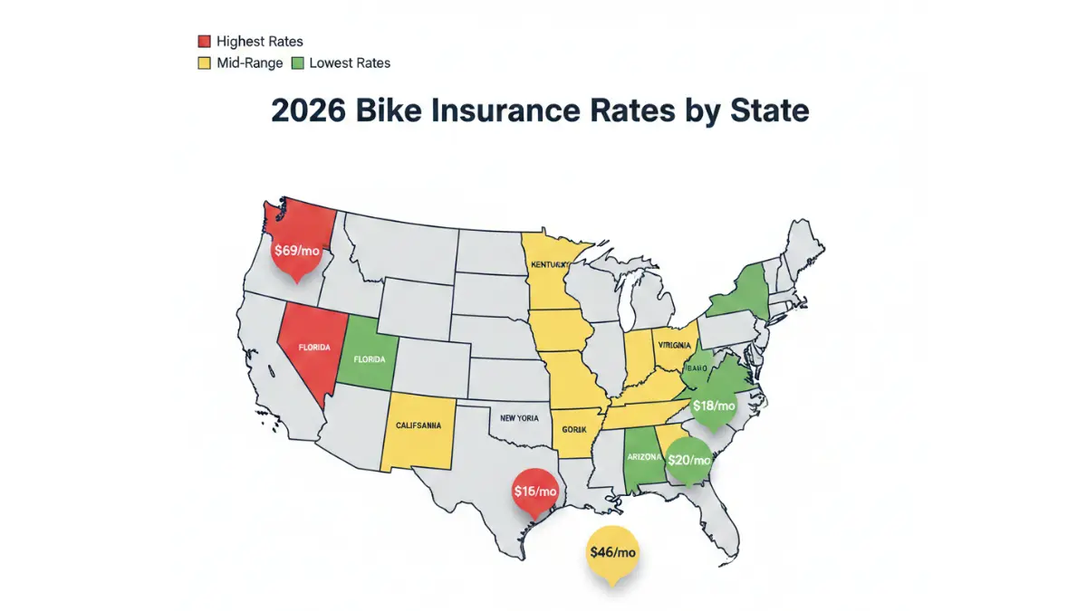 USA map showing bike insurance rates by state for bike insurance in 2026