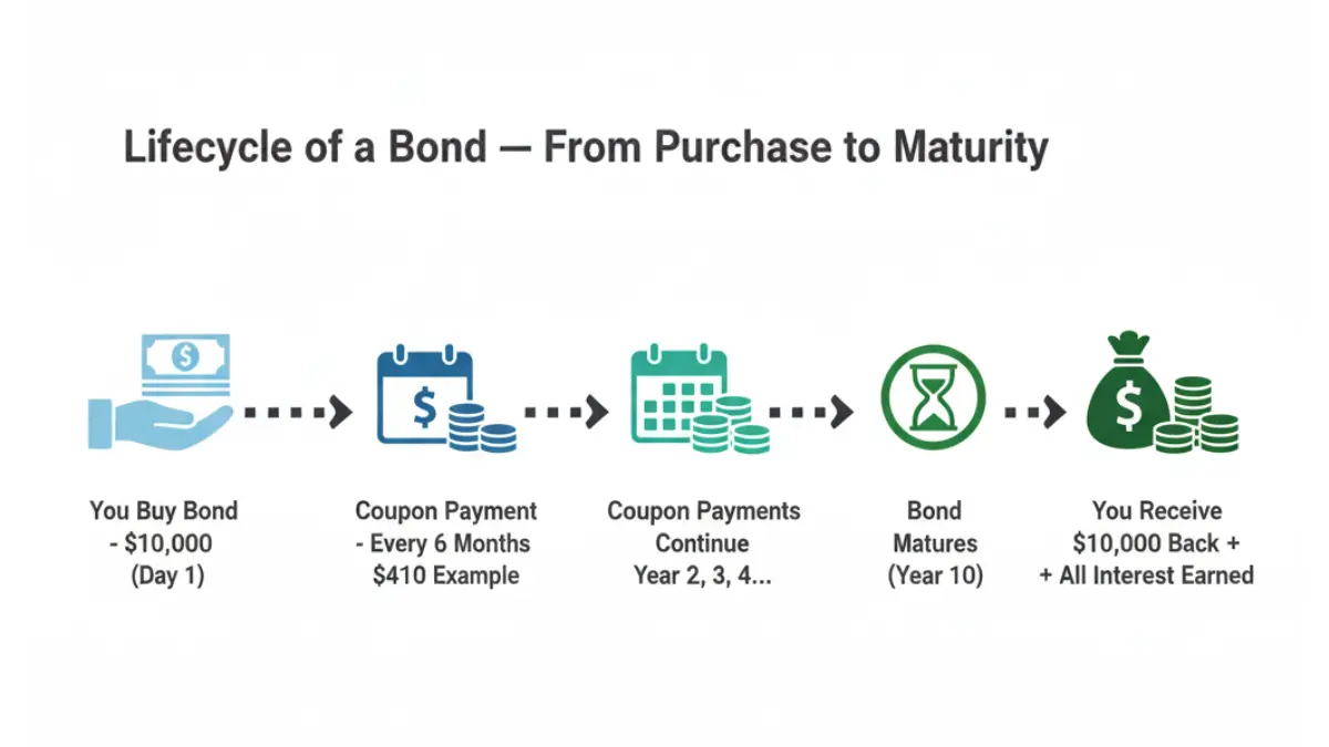 Bond lifecycle timeline showing purchase coupon payments and maturity repayment of a Bond