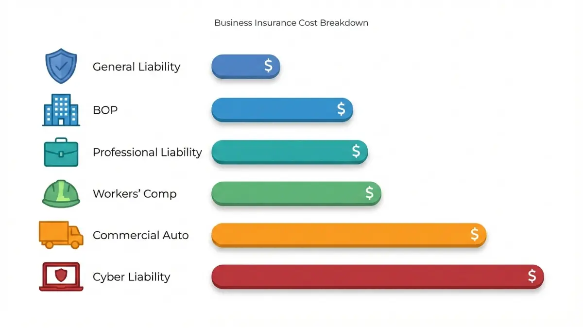 Business Insurance cost breakdown by policy type including liability workers comp auto and cyber coverage