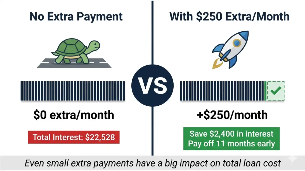 Business Loan Calculator demonstrating how extra monthly payments reduce interest and loan term
