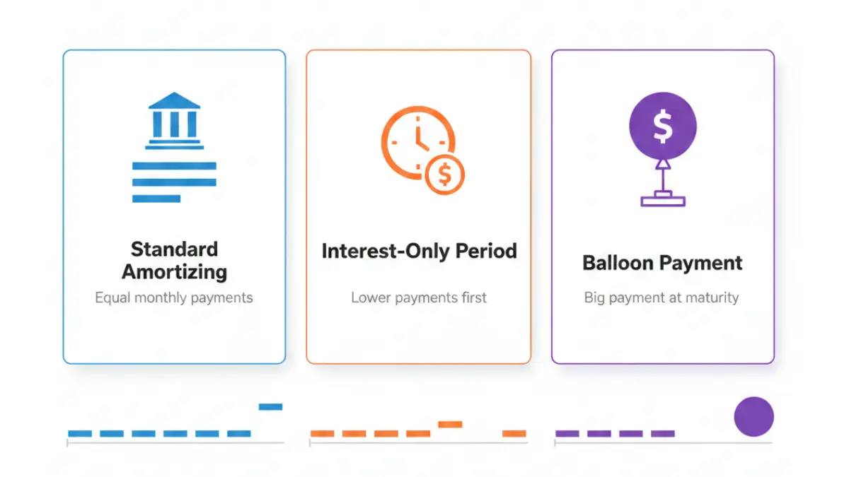Business Loan Calculator comparing standard amortizing, interest-only, and balloon payment structures