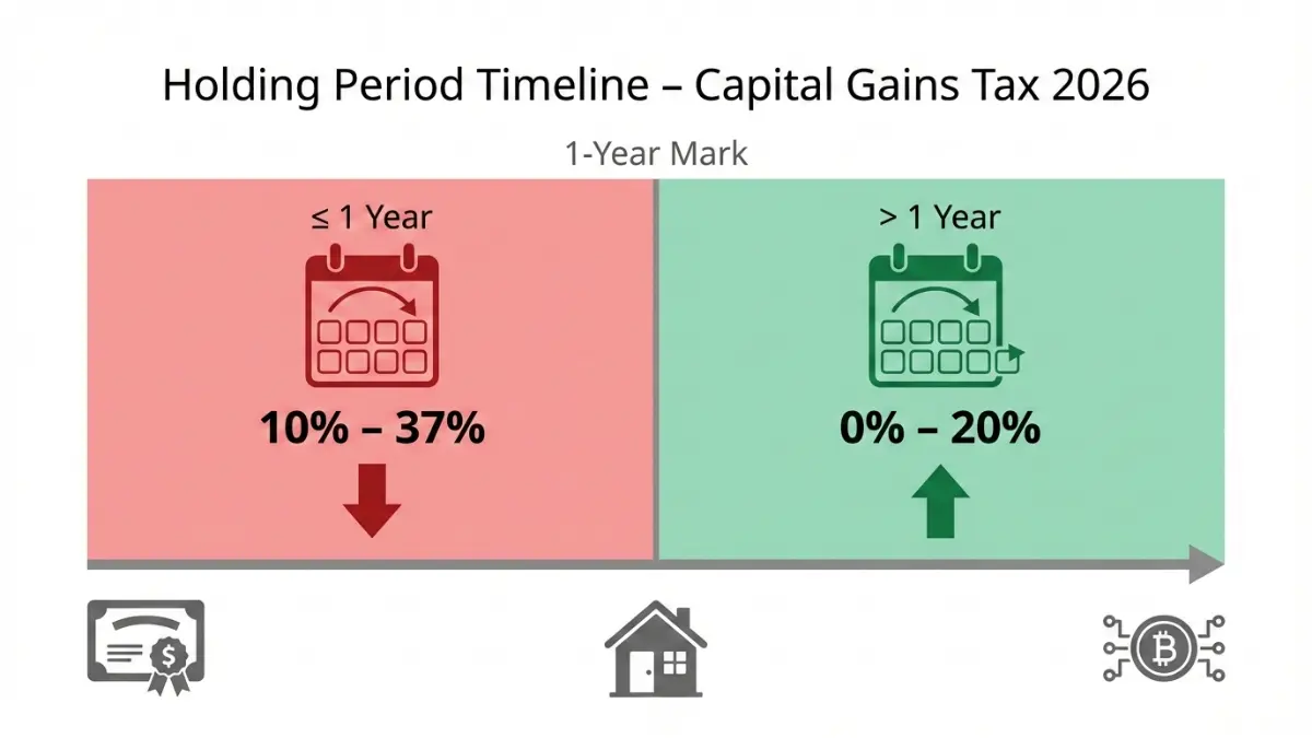 Capital Gains Tax holding period timeline showing short-term vs long-term tax rates