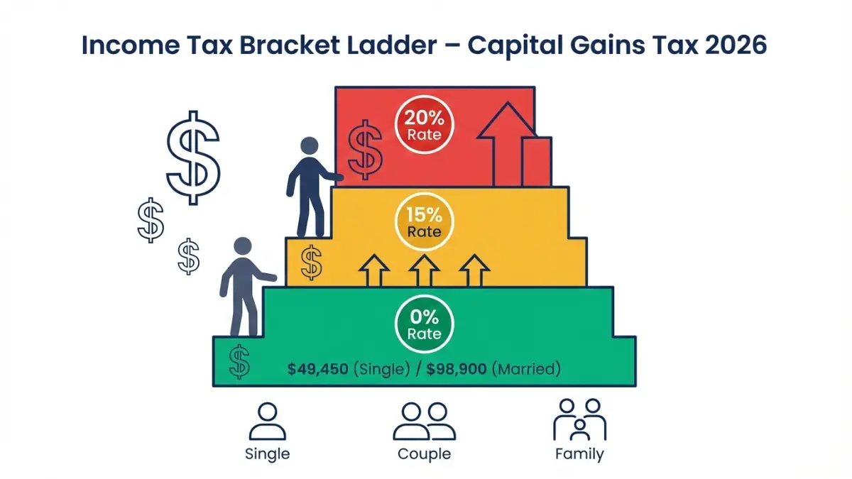 Capital Gains Tax income bracket ladder showing 0%, 15%, and 20% tax rates