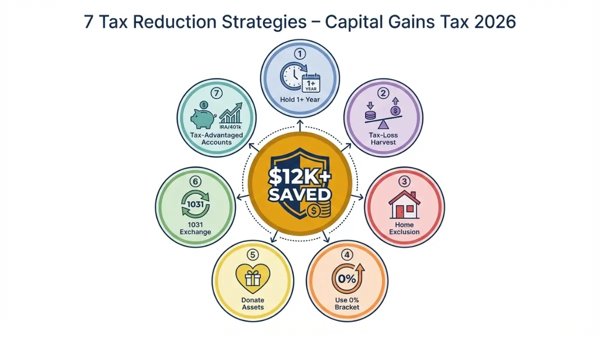 Capital Gains Tax reduction strategies wheel showing 7 ways to save over $12K
