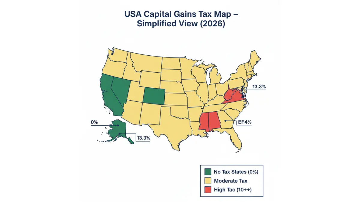 Capital Gains Tax USA state map showing no-tax, moderate-tax, and high-tax states