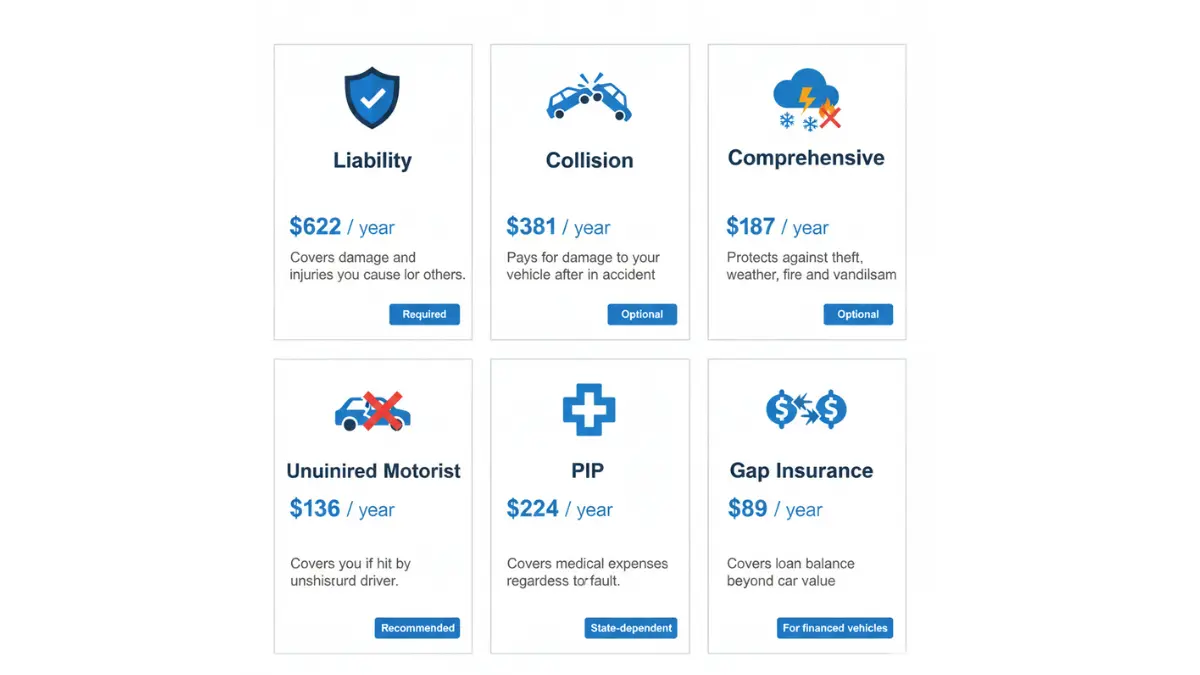 Car Insurance coverage types comparison showing liability, collision, comprehensive, uninsured motorist, PIP, and gap insurance with costs and requirements