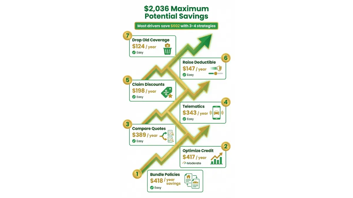 Car Insurance savings roadmap showing seven expert strategies with annual savings amounts totaling up to $2,036