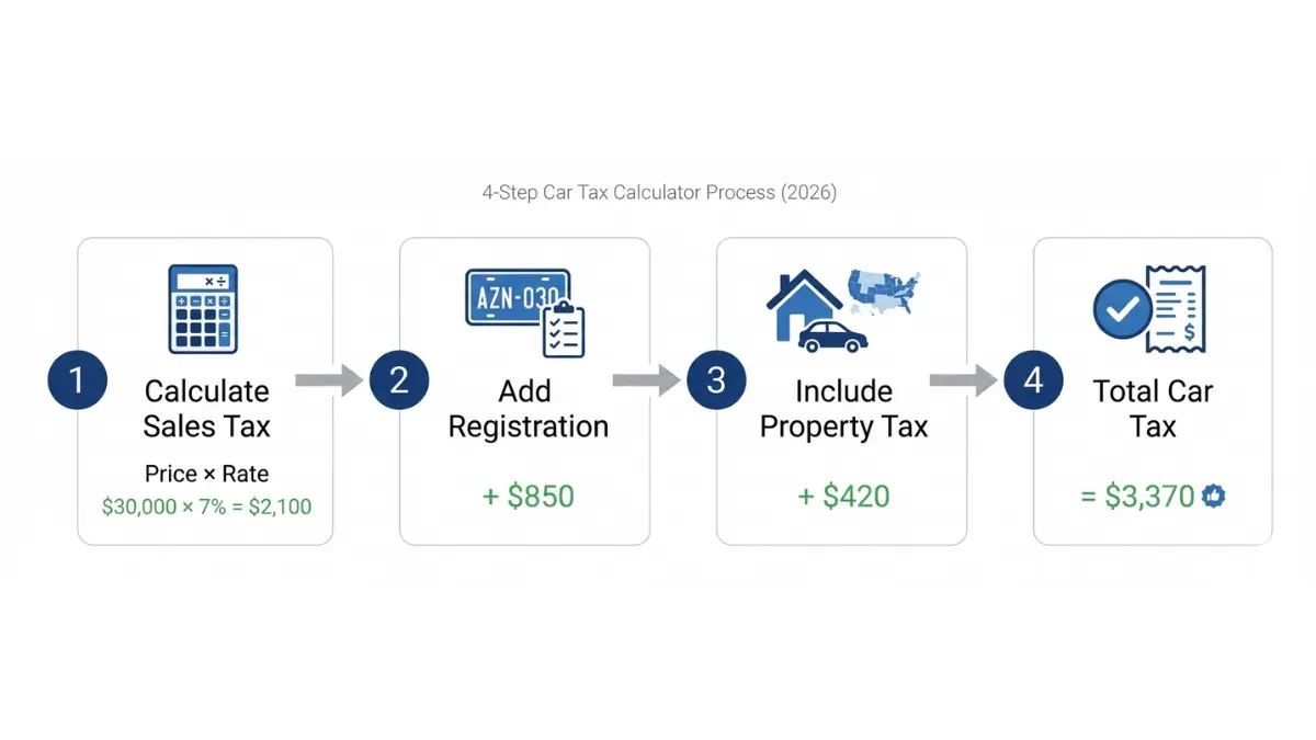 Car Tax calculator steps showing how total vehicle taxes are calculated step by step