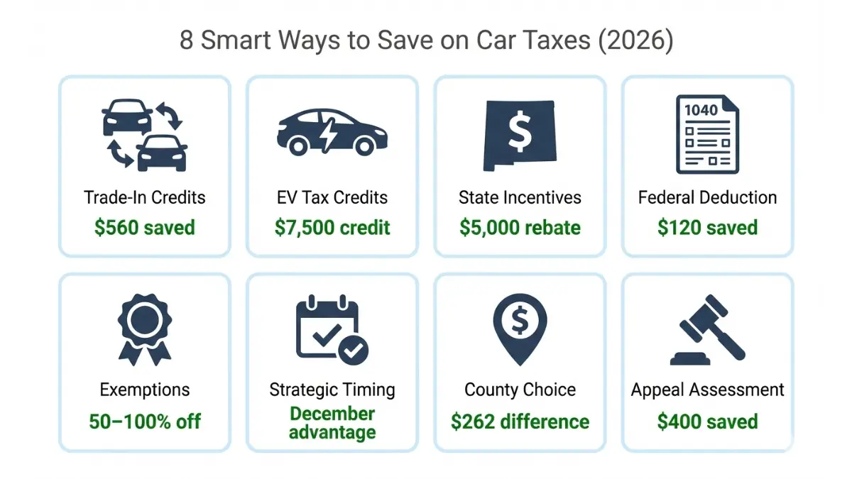 Car Tax savings strategies showing ways to reduce vehicle taxes and fees in 2026