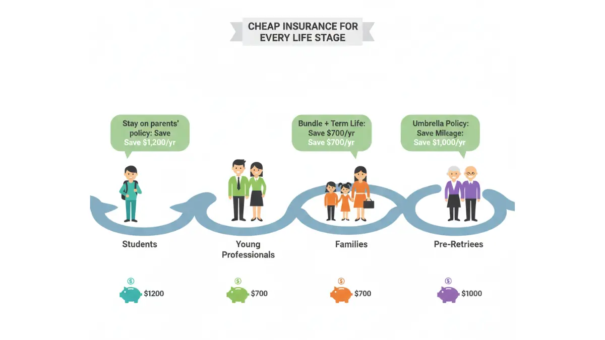 Life stage timeline showing Cheap Insurance savings tips for students professionals families and seniors