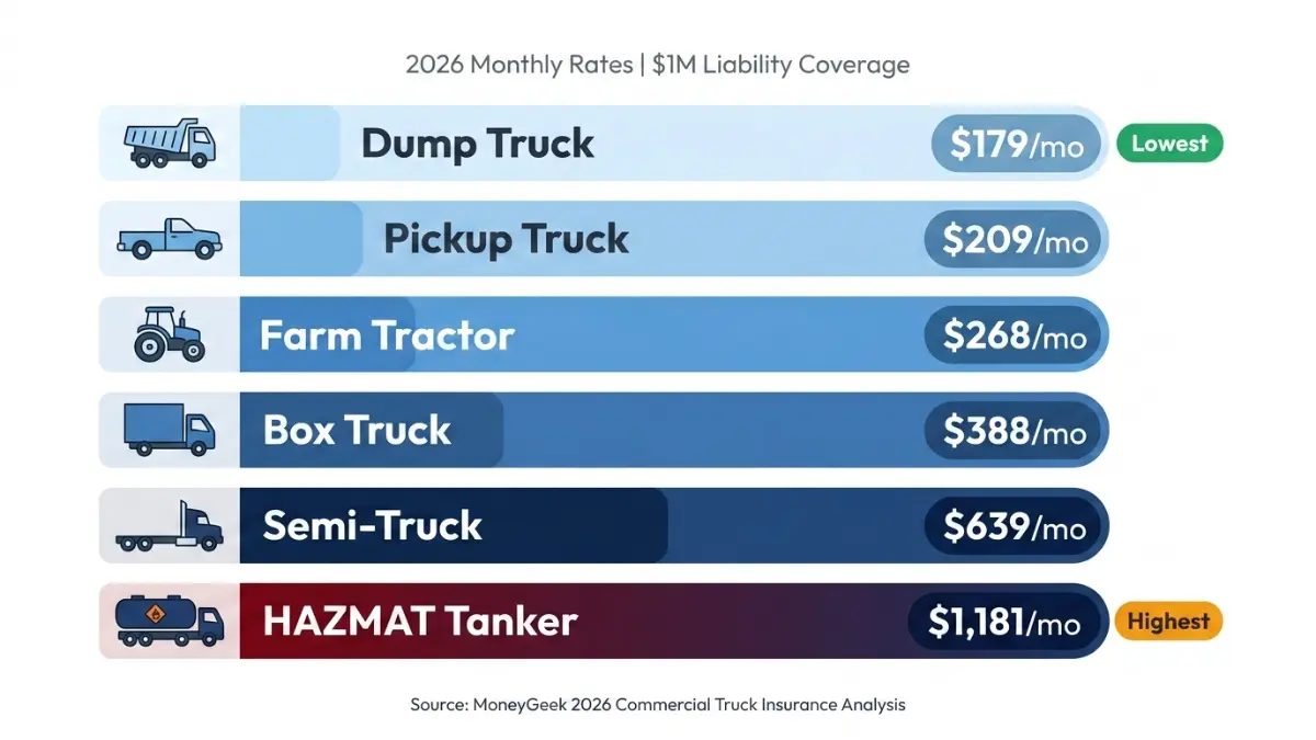 Commercial Truck Insurance monthly cost comparison by truck type including pickup, box truck, semi truck and hazmat tanker