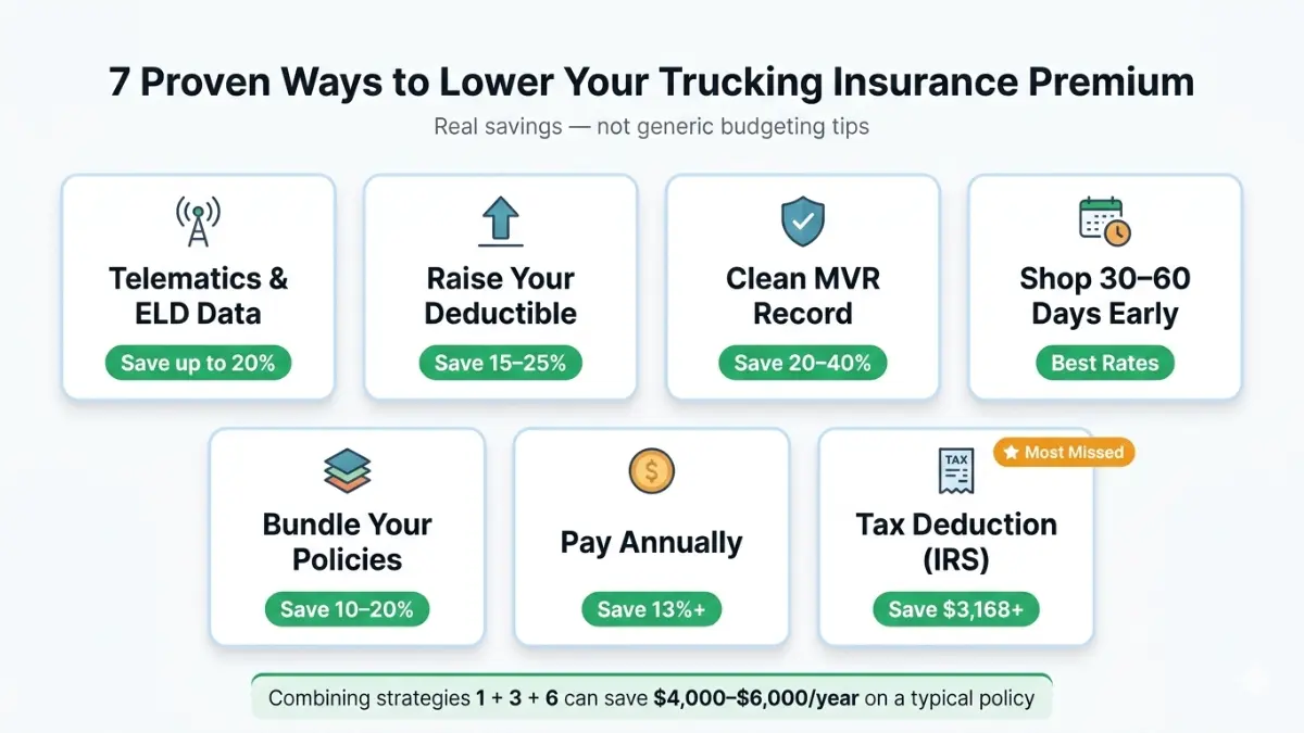 Commercial Truck Insurance strategies to lower premiums including telematics, deductible changes and policy bundling