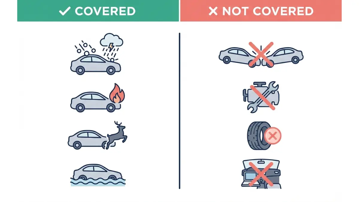 Comprehensive Car Insurance covered vs not covered comparison including flood fire theft and exclusions