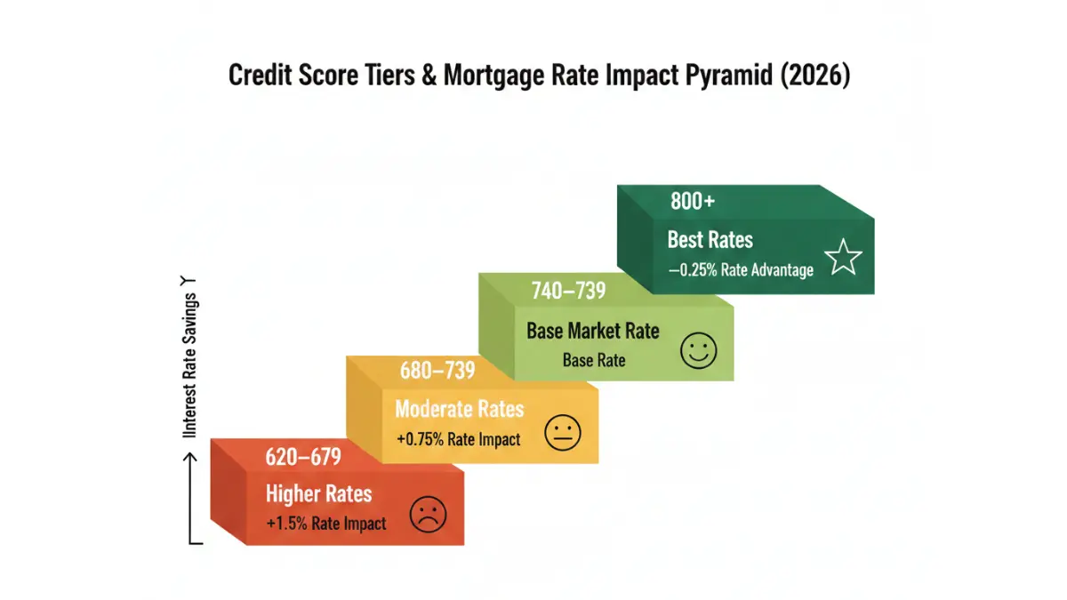 Conventional loan credit score tiers showing interest rate impact from 620 to 800+ in 2026