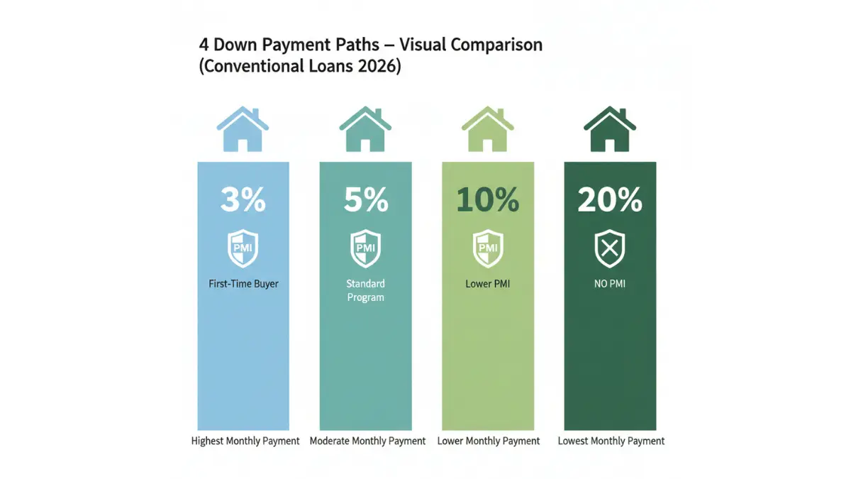 Conventional loan down payment comparison showing 3%, 5%, 10%, and 20% options with PMI impact